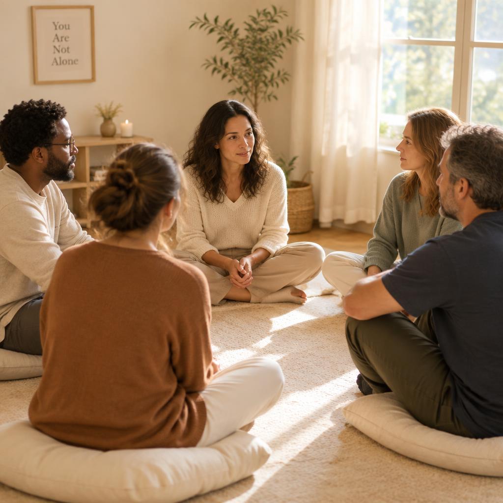 A small group seated together in a quiet studio