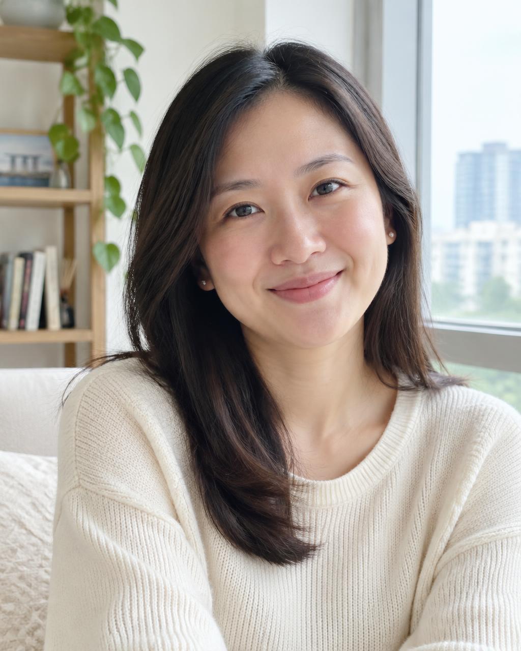 Yan Huang smiling calmly by a window
