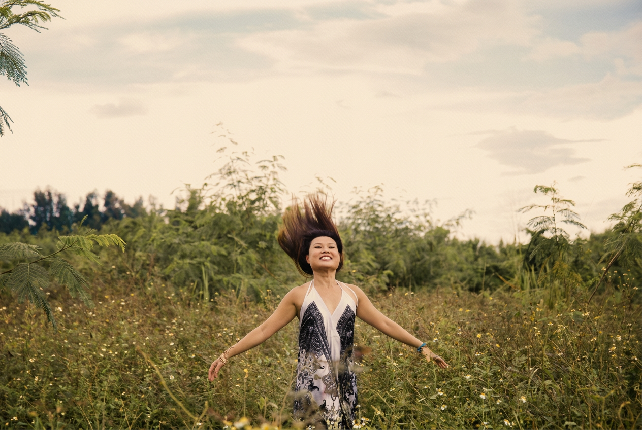 Yan Huang smiling with her arms open and hair in motion in a sunlit meadow